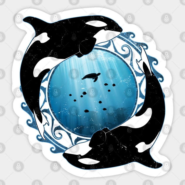 Orcas on Underwater Background Sticker by NicGrayTees